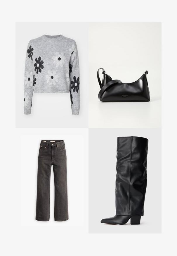 Suéter de punto recortado en gris claro con patrones de flores en blanco y negro, cuello redondo y puños acanalados. Textura suave, diseño casual.; Jeans de tiro alto y pierna ancha en denim gris oscuro, con bolsillos frontales, remaches de cobre en contraste y un acabado limpio sin adornos.; Botín negro de cuero hasta la rodilla con un diseño arrugado, punta afilada y un tacón cuadrado grueso. Textura suave con detalles de costura mínimos.; Bolso de mano de cuero negro con una textura suave. Cuenta con una correa ajustable y un diseño elegante y minimalista con cierre de cremallera.