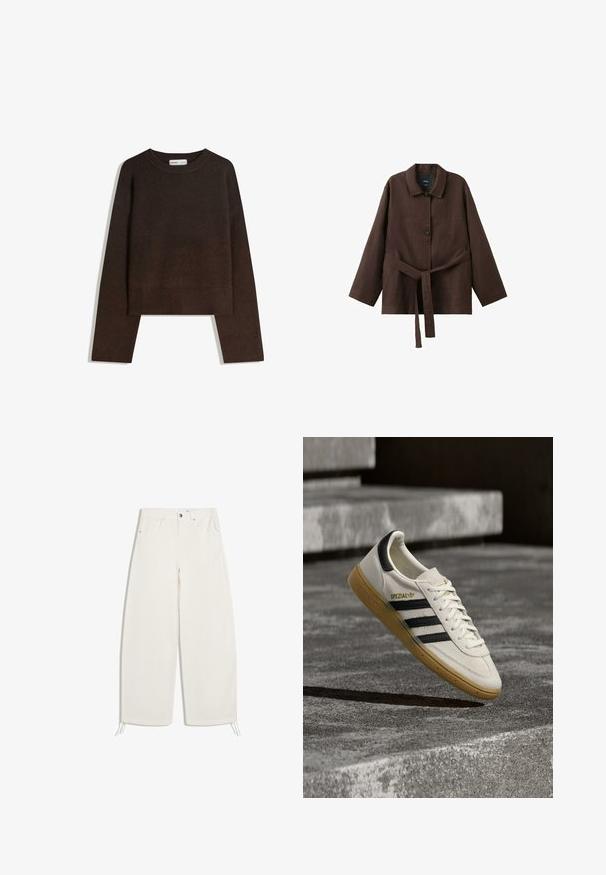 Pull en maille marron avec un col arrondi, des épaules tombantes et des poignets et ourlet côtelés. Texture douce, coupe courte. Pas de motifs ni d'ornements visibles.; Veste marron foncé à manches longues avec col, deux boutons et une ceinture assortie en tissu nouée à la taille.; Pantalon ample écru avec bouton et fermeture éclair à l'avant, deux poches avant, et cordons de serrage à l'ourlet sur fond blanc.; Baskets Adidas Spezial blanches avec des rayures noires et une semelle en gomme flottant au-dessus de marches en pierre grises à l'extérieur.