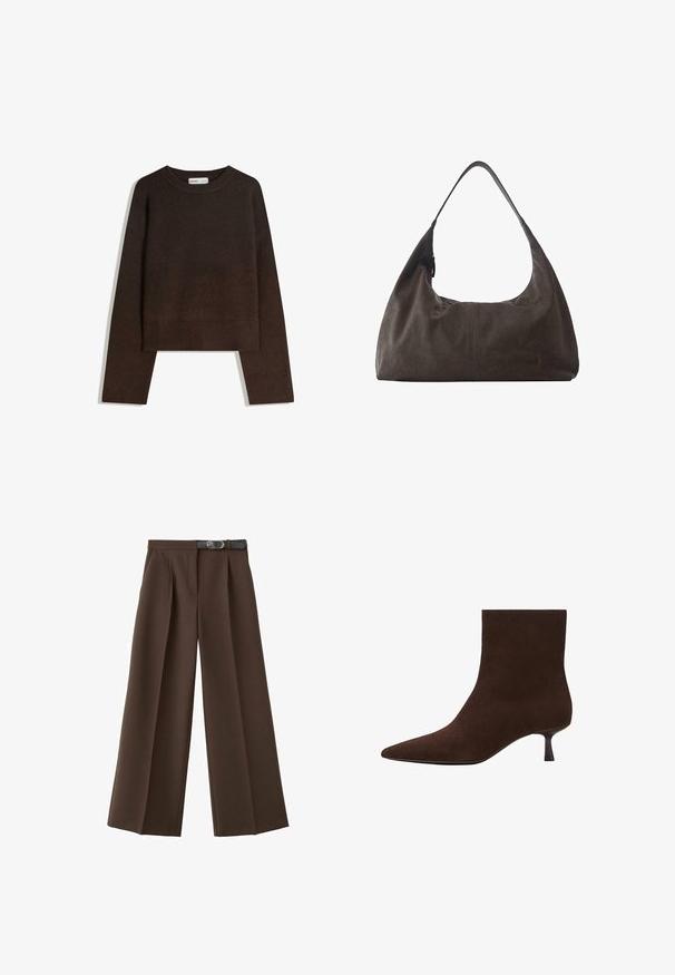 Pull en maille marron avec un col arrondi, des épaules tombantes et des poignets et ourlet côtelés. Texture douce, coupe courte. Pas de motifs ni d'ornements visibles.; Pantalons marron à jambes larges avec une taille ceinturée, présentant des plis marqués et un design ajusté. Fabriqués en tissu lisse et texturé.; Bottine en daim marron avec un bout pointu et un petit talon fin. Surface lisse, design sans coutures, silhouette discrète.; Sac à main hobo en cuir souple marron foncé avec une large bandoulière unique et un détail subtil de couture centrale sur fond blanc.