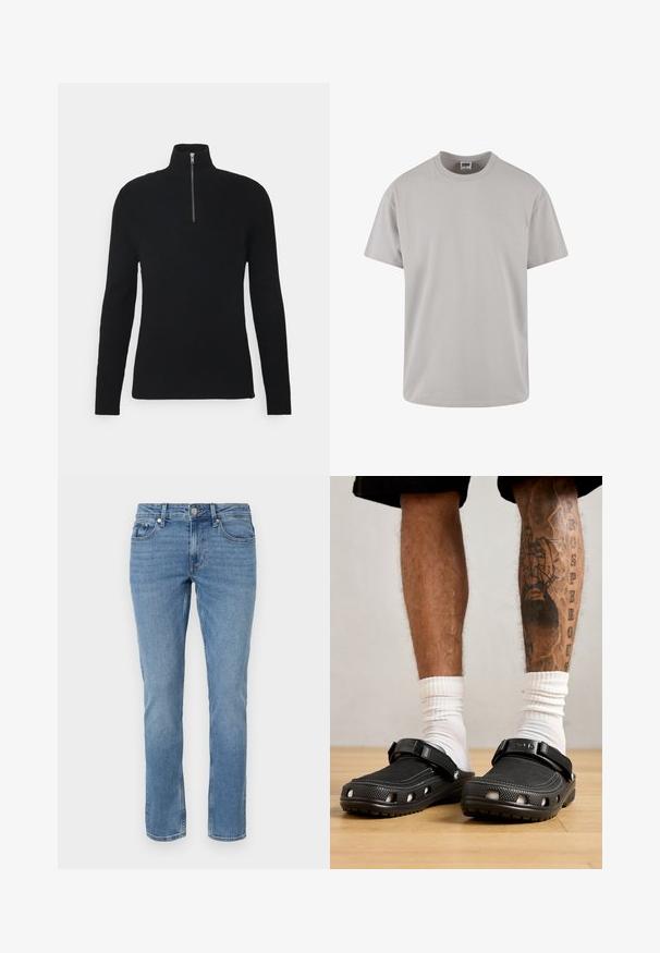 Schwarzer gerippter Rollkragenpullover, ausgestattet mit einem Viertelreißverschluss, langen Ärmeln und einem strukturierten Stoff für zusätzliche Dimension.; Helles graues Baumwoll-T-Shirt, kurze Ärmel, Rundhalsausschnitt, lockere Passform, glatte Textur, keine Muster oder sichtbaren Grafiken. Sauberes Design.; Blaue gerade geschnittene Denim-Jeans mit Fronttaschen, Gürtelschlaufen und Knopfverschluss.; Schwarze Holzschuhe mit einem strukturierten Obermaterial, verstellbarem Riemen und Belüftungslöchern, kombiniert mit weißen Socken und Shorts bis über die Knie.