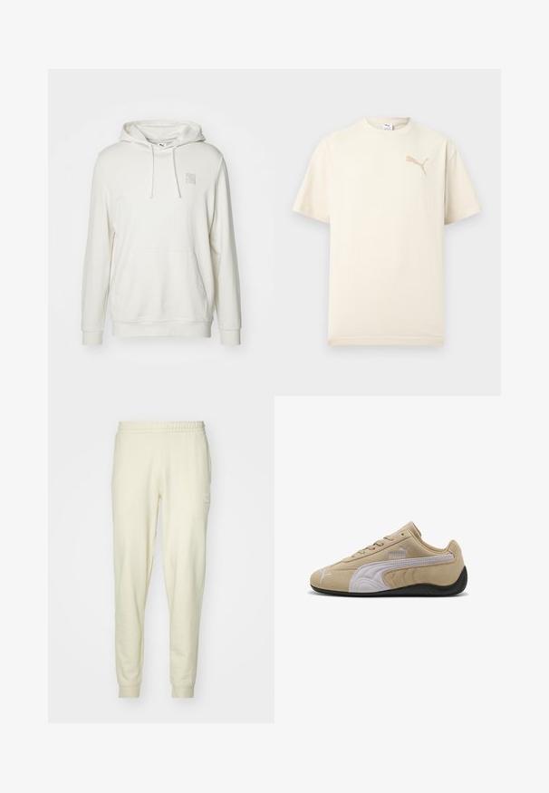 Sudadera de color beige claro hecha de una mezcla de algodón. Cuenta con un bolsillo tipo canguro, capucha con cordones y un pequeño parche con el logo en el pecho.; Camiseta de manga corta color crema con logo beige de Puma en el pecho superior izquierdo y cuello redondo, mostrada sobre un fondo claro y sencillo.; Pantalones de chándal color crema hechos de una tela suave, con cintura elástica y puños. Presenta un pequeño emblema en la cadera izquierda.; Zapatilla deportiva de ante beige con un detalle de cuero blanco, superficie lisa, paneles laterales texturizados y suela de goma negra. Logotipo de Puma en el lateral.