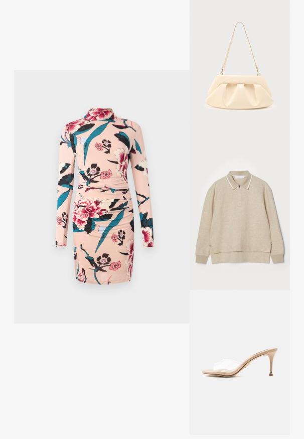 Beige Polo-Sweatshirt mit Kragen und Knopfverschluss. Weiche Textur, seitliche Schlitze und kontrastierende weiße Verzierungen um den Kragen.; Diane von Furstenberg AMY DRESS - Freizeitkleid - light pink; Beige Damenpantolette mit hohem Absatz, transparentem breitem Riemen und kleinem goldenen Akzent am schlanken Absatz vor einfarbigem Hintergrund.; Beige Lederhandtasche mit gesammelten Falten, goldenen Beschlägen und einem einzelnen dünnen Schulterriemen vor einem schlichten Hintergrund.