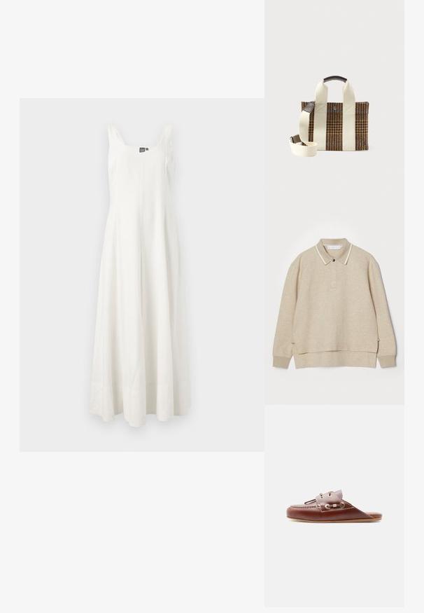 Sudadera de polo beige con cuello y cierre de botón. Textura suave, aberturas laterales y ribete blanco contrastante alrededor del cuello.; Vestido maxi blanco sin mangas, hecho de una tela ligera, que presenta un corsé ajustado y una falda fluida, con un diseño minimalista y sin patrones visibles.; Mocasín marrón de cuero sin cordones con costura en punta tipo mocasín, ojales dorados y detalle decorativo de cordón en el costado, suela plana, perfil lateral.; Bolso tote en print de pata de gallo marrón y negro con asas anchas en crema, empuñadura de cuero y correa de hombro ajustable en crema sobre fondo blanco.
