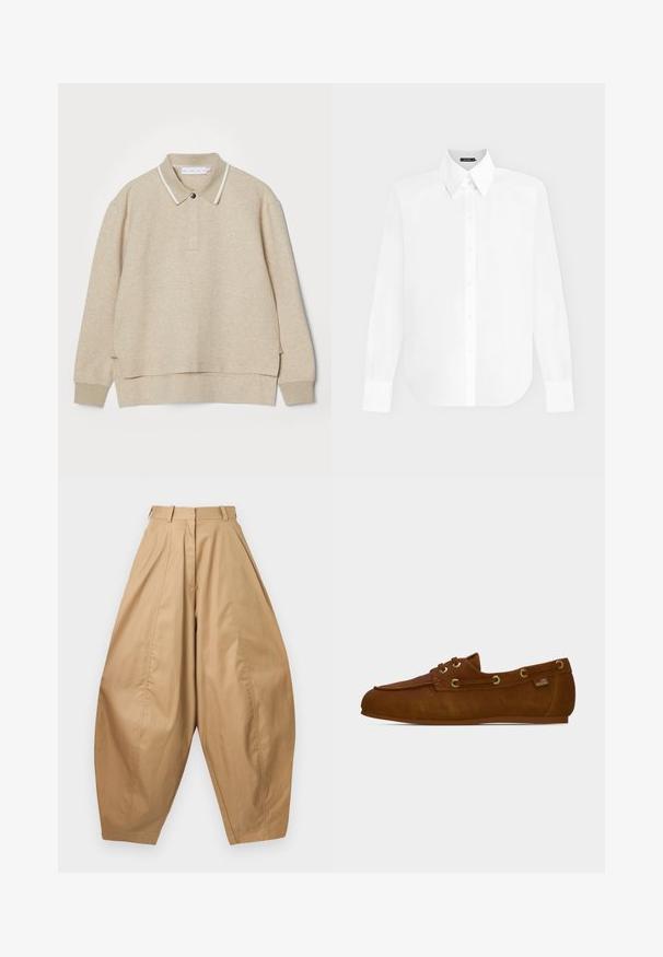 Sweat-shirt polo beige avec col et fermeture à boutons. Texture douce, fentes latérales et bordure blanche contrastante autour du col.; Chemise blanche à manches longues boutonnée avec col pointu et poignets, présentée sur un fond gris clair uni.; Pantalons beiges taille haute, jambes larges avec des plis, passants de ceinture et ourlets fuselés, présentés sur un fond blanc.; Mocassin pour homme en daim marron avec surpiqûres mocassin, œillets dorés, laçage latéral et une petite étiquette "Love Moschino" sur le côté du talon.