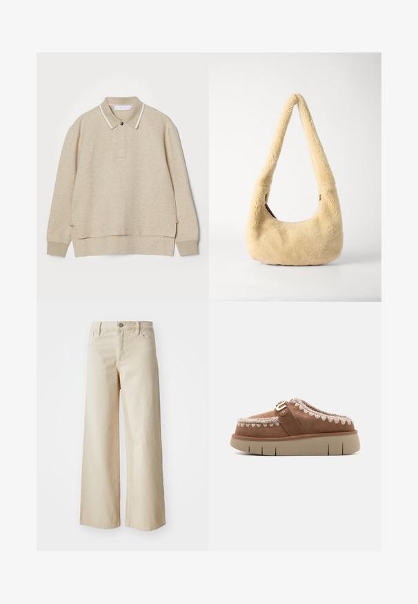 Beige Polo-Sweatshirt mit Kragen und Knopfverschluss. Weiche Textur, seitliche Schlitze und kontrastierende weiße Verzierungen um den Kragen.; Beige weite Jeans aus Denim, mit hoher Taille, Knopfverschluss, Gürtelschlaufen und Seitentaschen. Glatte Textur und bequemer Schnitt.; Braune Wildlederschlupfschuhe mit einer beigen Gummisohle, kontrastierenden geflochtenen Details an der Oberseite und einer dekorativen Schnallenelement.; Beige Shearling Schultertasche mit einem gebogenen Griff und einer runden Form. Die Textur ist weich und plüschig, mit minimalen Hardware-Akzenten.