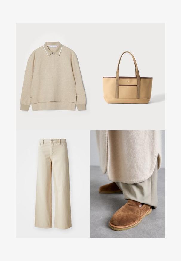 Beige polo sweatshirt med krave og knaplukning. Blød tekstur, sideslids og kontrasterende hvidt kantbånd omkring kraven.; Beige brede bukser lavet af denim med høj talje, knaplukning, bæltesløjfer og sidelommer. Glat tekstur og afslappet pasform.; Brune ruskinds slip-on sko med rund tå, gummisul, og detaljer med udskæring i siden, parret med lyse beige skræddersyede bukser.; Beige mulepose med brune kanter, to lange stofhåndtag og en frontlomme mod en lys baggrund.