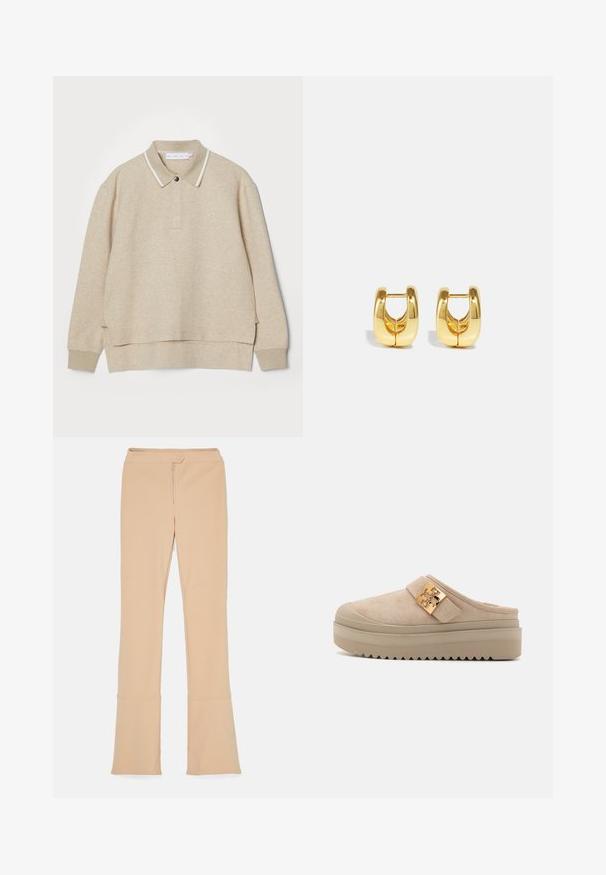 Beige polo sweatshirt med krave og knaplukning. Blød tekstur, sideslids og kontrasterende hvidt kantbånd omkring kraven.; Filippa K SKI INSPIRED TROUSERS - Bukser - pastel beige; Beige ruskind mule platforme med en tyk, tekstureret sål, der har et fremtrædende guldfarvet metalaccent på den justerbare strop.; Guld hoops øreringe med et slankt, afrundet design. Har en hul midte og en blank overflade, der komplementerer moderne stilarter.