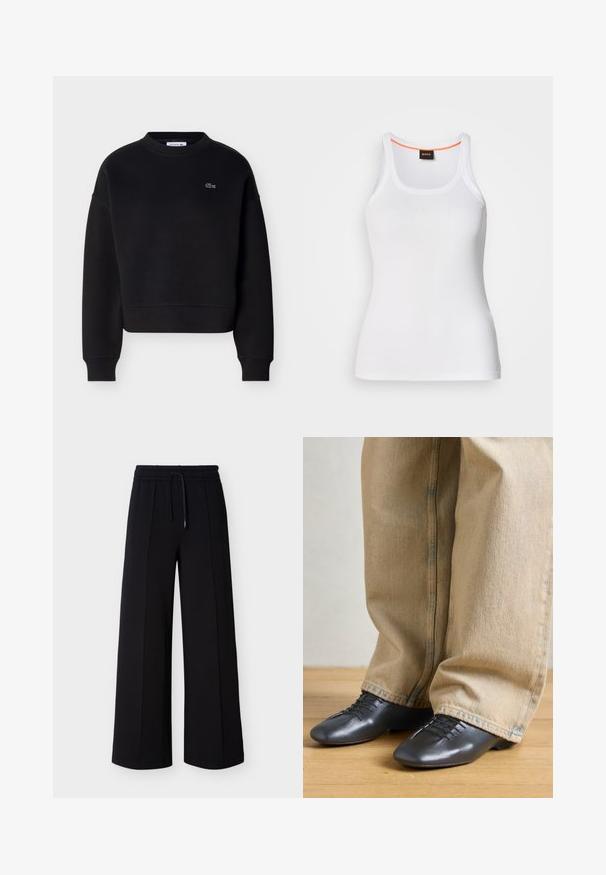 Sort crewneck-sweatshirt med lange ærmer og lille hvid broderet Lacoste-krokodillelogo på venstre bryst.; Hvid ribstrikket tanktop med rund halsudskæring, der har et smalt stropdesign og en orange detalje langs den indvendige halskant. Brandlogo vist.; Sorte bukser med brede ben lavet af blødt stof, med elastisk talje med snøre og sidesømme for en afslappet pasform.; Sorte lædersko med en glat tekstur, lav profil og snørebånd, parret med løst, lysbeige denimbukser.