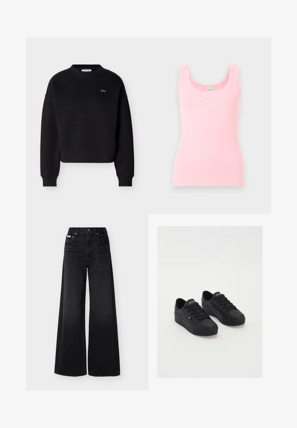 Zwarte crewneck trui met lange mouwen en klein wit geborduurd Lacoste krokodillenlogo op de linkerborst.; Lichtroze geribd mouwloos tanktopje met een scooplijnhals en een Calvin Klein-label aan de achterzijde van de binnenkraag.; Zwarte wijde jeans met hoge taille, knoop- en ritssluiting aan de voorkant, lussen voor een riem en een ontwerp met vijf zakken.; Zwarte low-top sneakers van glad materiaal, met dikke veters, een gestructureerde zool en een klein logo aan de zijkant en op de tong.