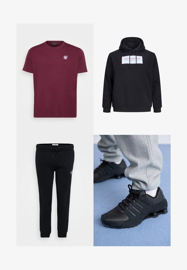 Sort hættetrøje med snore foran og et hvidt rektangulært logo med teksten "JACK & JONES Creative Dept. Copenhagen ©1990" i rødt.; Bordeaux bomulds T-shirt med rund hals, korte ærmer og et lille hvidt logo på venstre bryst. Glat tekstur og klassisk pasform.; Sorte sweatpants lavet af blødt stof, med elastisk talje, snor, sidelommer og en lille logo detalje på hoften.; Person iført sorte Nike Shox sneakers og grå joggingbukser, der står på lyseblåt tæppe.