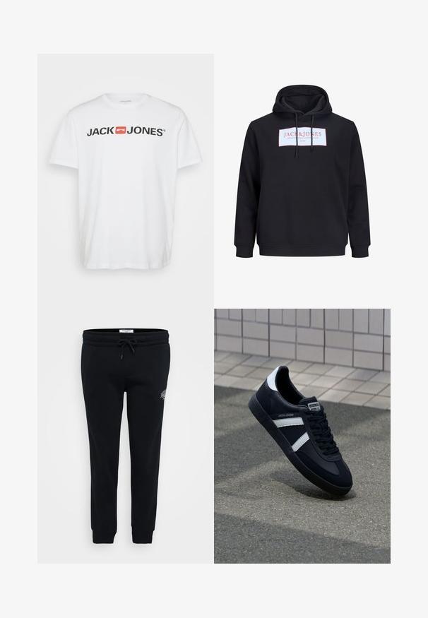 Čierna mikina s kapucňou, šnúrkami vpredu a bielym obdĺžnikovým logom s červeným textom "JACK & JONES Creative Dept. Copenhagen ©1990".; Biela bavlnená tričko s čiernym logom "JACK & JONES" a červeným obdlžníkovým akcentom. Krátke rukávy a okrúhly výstrih. Hladká textúra.; Čierne tepláky vyrobené z mäkkého materiálu, s elastickým pásom, šnúrkou na stiahnutie, bočnými vreckami a malým logom na bokoch.; Čierne kožené tenisky s bielymi pruhmi, textúrovanou gumovou podrážkou a šnurovaním vpredu. Obsahujú označenie značky na jazyku.