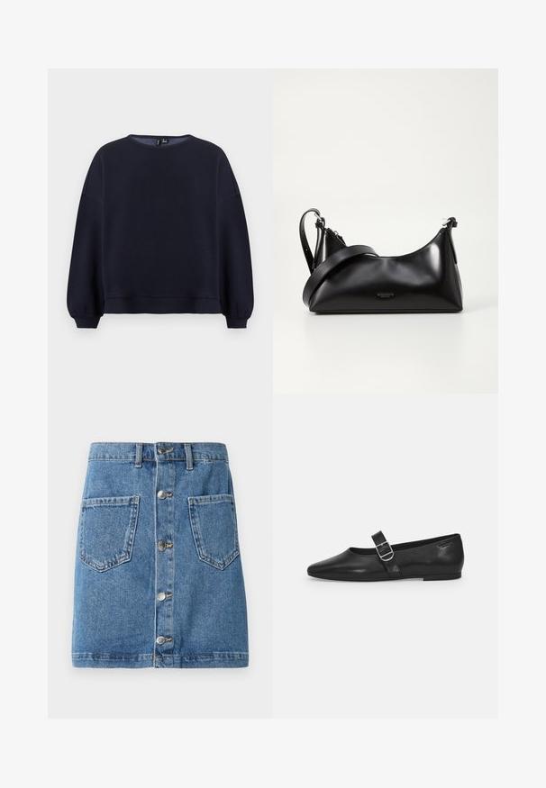 Marineblauwe sweatshirt met een ronde halslijn, verlaagde schouders en verzamelde mouwen. Soepele textuur met een relaxte pasvorm en geribbelde zoom.; Jeansrok in een lichtblauwe tint, met een sluiting met knopen aan de voorkant, twee opgestikte zakken en een rechte snit. De stof heeft een klassieke textuur.; Zwarte leren platte schoen met een ronde neus, een enkele verstelbare gespsluiting en een gladde, glanzende textuur. Minimalistisch ontwerp met een lage hak.; Zwarte leren handtas met een gladde textuur. Beschikt over een verstelbare schouderband en een strak, minimalistisch ontwerp met een ritssluiting.