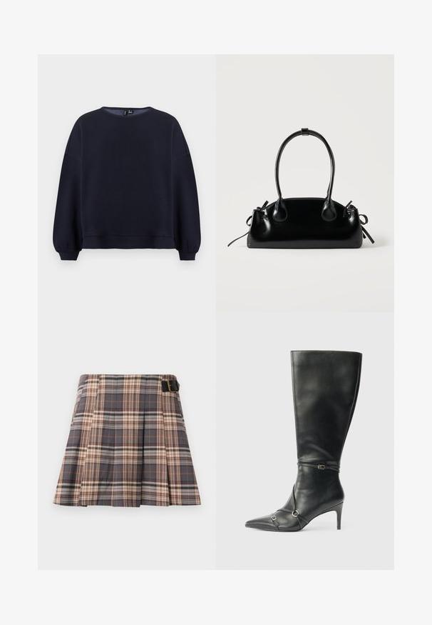 Marinblå sweatshirt med rund halsudskæring, drop shoulders og samlede manchetter. Glat tekstur med en afslappet pasform og ribbet kant.; Rutig nederdel i grå, beige og rustfarver; har plisseringer, en spænde detalje og et struktureret design. Fremstillet af et vævet stof.; Sorte knæhøje støvler i læder med en slank hæl, spids tå og remdetaljer ved anklen. Glat tekstur og tætsiddende design.; Lille sort blank håndtaske med to lange håndtag og snøre-detaljer i siden på en ensfarvet lys baggrund.