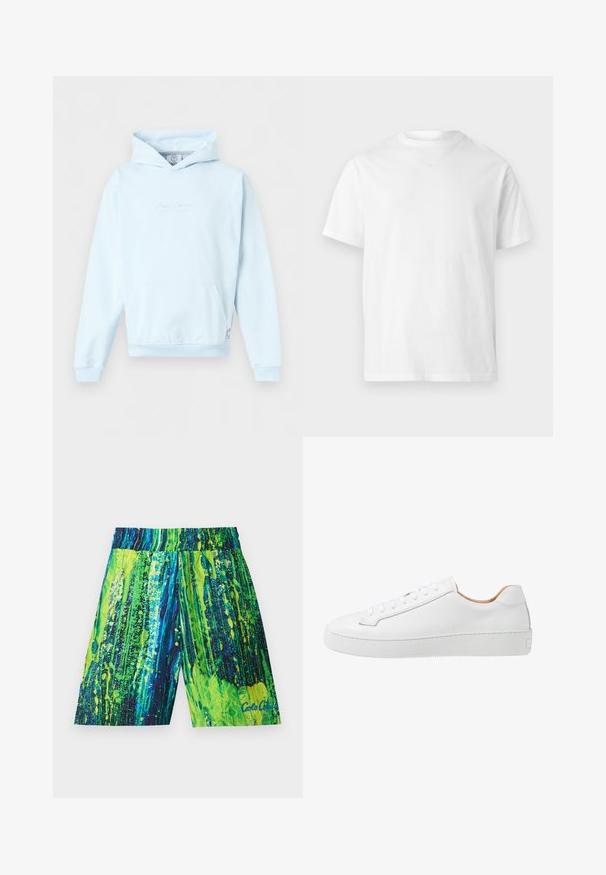 Sweat à capuche bleu clair avec poche kangourou à l’avant et texte discret sur la poitrine, présenté sur un fond uni.; T-shirt blanc uni à manches courtes avec un col rond, au design simple et épuré, sans logos ni motifs visibles.; Shorts de bain pour hommes en vert vif et bleu, avec un motif éclaboussé, taille élastique et longueur mi-cuisse. Fabriqués en tissu léger.; Sneaker en cuir blanc avec une finition lisse, bout rond, design plat à lacets, et une semelle en caoutchouc épaisse présentant un motif de grip texturé.
