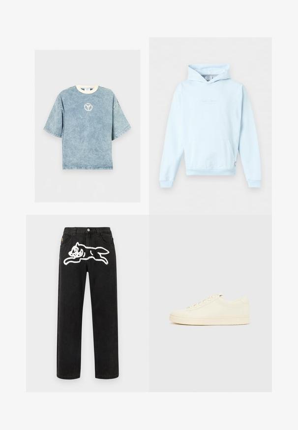 Sweat à capuche bleu clair avec poche kangourou à l’avant et texte discret sur la poitrine, présenté sur un fond uni.; T-shirt oversize bleu délavé à manches courtes avec une encolure ronde blanche et un petit logo circulaire délavé sur la poitrine.; Jean en denim noir à coupe décontractée, avec un motif de chat brodé blanc à l'arrière et une fermeture à bouton à la taille.; Baskets couleur crème avec une tige en cuir lisse, bout arrondi, laçage à l'avant et semelle en caoutchouc texturée. Design minimaliste, sans logo.