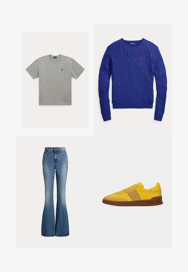 Blå kabelstrikket langærmet sweater med rund halsudskæring og lille rødt Polo Ralph Lauren-logo på venstre bryst.; Lysegrå T-shirt med korte ærmer og rund halsudskæring med lille mørkeblåt broderet logo af en polospiller på venstre bryst.; Højtaljede blå jeans i denim med klokkeformede ben og let falmet område foran på låret, vist mod hvid baggrund.; Gul lavtop sneaker med ruskindsdetaljer, brun sål og "Polo"-logo på siden og hælen.