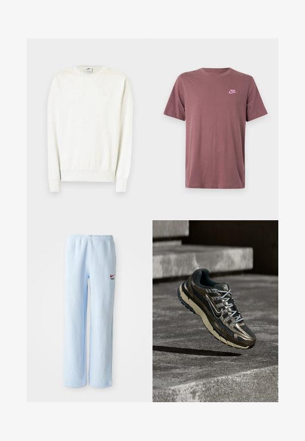 Valge pika varrukaga ümara kaelusega dressipluus soonikkoes varrukaotste ja äärega, millel on rindkere piirkonnas tagasihoidlik Nike'i logo.; Tumesinine puuvillane T-särk lühikeste varrukatega, ümmarguse kaelusega ja roosa Nike logoga vasakul rinnal. Sile tekstuur, standardist kitsam lõige.; Heledad sinised dressipüksid elastse vaherindega, millel on väike punane Nike logo ja "Athletic Department" tekst. Pehme puuvillane materjal.; Tume metallik ja must Nike jooksujalats beežika tallaga hõljumas hallide betoonastmete kohal.