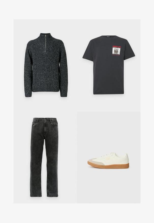 Strickpullover in Dunkelgrau mit hohem Kragen und einem Viertelreißverschluss. Besteht aus strukturiertem Garn mit leicht meliertem Aussehen.; Schwarzes Baumwoll-T-Shirt mit kurzen Ärmeln, mit einem quadratischen Grafikdruck in Grau und Rot auf der linken Brust, beschriftet mit "REPLAY WIDE AWAKE."; Schwarze Denim-Jeans mit geradem Schnitt, fünf Taschen, Knopfverschluss und dezentem Verblassen des Stoffs.; Sneaker aus weißem Leder mit einer beigen Zehenkappe und leichter brauner Gummisohle. Verfügt über flache weiße Schnürsenkel und geprägtes Branding an der Seite.