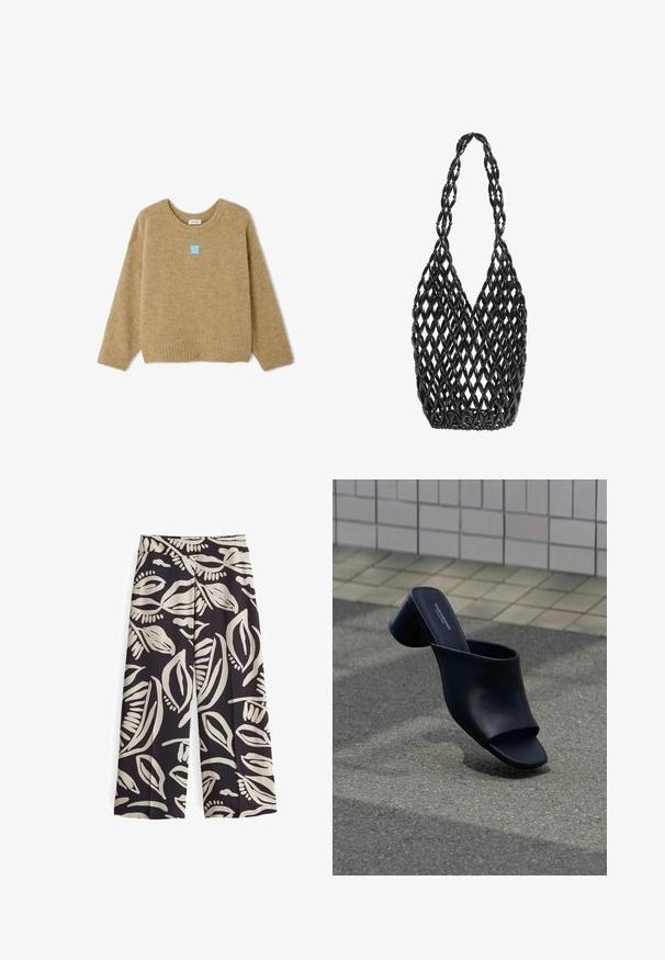 Beiger Langarm-Wollpullover mit gerippten Bündchen und Saum, Rundhalsausschnitt und einem kleinen blauen Etikett mittig unterhalb des Halsausschnitts.; OPUS HIGH RISE CROPPED WIDE FIT PRINT - Stoffhose - midnight brown; Schwarzer offener Leder-Mule mit Blockabsatz, auf Asphalt nahe einer gefliesten Fläche positioniert.; Schwarze Handtasche mit Perlen, die aus ineinandergreifenden ovalen und runden Perlen ein netzartiges Muster bilden, mit einem einzelnen Schulterriemen.