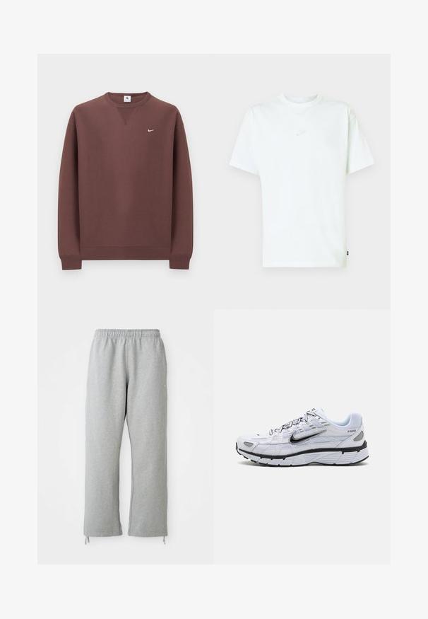 Brun sweatshirt lavet af bomuld, med rund halsudskæring, ribstrikkede ærmekanter og en lille hvid logo på øverste venstre bryst.; Hvid bomuld T-shirt med rund hals, korte ærmer og lille præget Nike-logo på brystet. Blød tekstur og afslappet pasform.; Grå sweatpants med elastisk talje, lige ben og snoretræk ved kanten. Fremstillet af blødt, struktureret stof.; Hvide løbesko med mesh-overdel, rund tå, sorte accenter og mønstret sål. Har snøring og branding på siden.