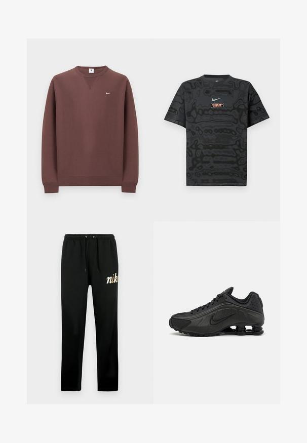 Bruine sweatshirt van katoen, met een ronde hals, geribbelde manchetten en een klein wit logo op de linkerborst.; Zwart T-shirt met een gestructureerd patroon, met een klein Nike-logo in lichtblauw en een rechthoekige logopatch in contrasterende kleuren.; Zwarte sweatpants van zachte stof, voorzien van een elastische tailleband met trekkoorden, taps toelopende pijpen en een goud geborduurd "nike"-logo.; Zwarte hardloopschoenen met een glad bovenwerk van synthetisch materiaal, geperforeerde accenten, gestructureerde zijpanelen en een opvallende veerkrachtige zool.