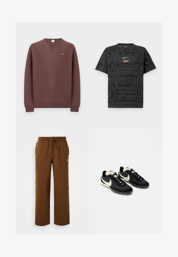Sudadera marrón hecha de algodón, con cuello redondo, puños de canalé y un pequeño logo blanco en la parte superior izquierda del pecho.; Camiseta negra con un patrón texturizado, que presenta un pequeño logotipo de Nike en azul claro y un parche rectangular con el logotipo en colores contrastantes.; Pantalones de chándal marrones hechos de tela suave, con una cintura elástica y cordón, bolsillos laterales y un logo blanco en el lado izquierdo.; Zapatillas deportivas negras con una parte superior texturizada, logo de swoosh blanco y suela de goma con pequeñas puas para tracción. Cuello en color crema.