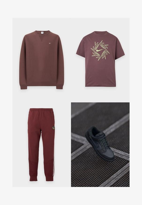 Sudadera marrón hecha de algodón, con cuello redondo, puños de canalé y un pequeño logo blanco en la parte superior izquierda del pecho.; Camiseta de manga corta color burdeos con un diseño abstracto circular espinado en neón amarillo y un logo central de swoosh en el pecho.; Chándal marrón con un logo hexagonal de Nike, cinturilla elástica, dos bolsillos laterales y rayas laterales blancas. Tejido texturizado con diseño de pierna ajustada.; Zapatilla Nike de cuero negro con punta redondeada, parte superior perforada y suela de goma texturizada. Incluye cordones y un sutil logo.