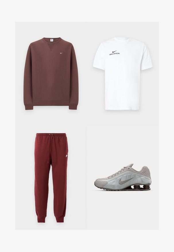 Brun sweatshirt lavet af bomuld, med rund halsudskæring, ribstrikkede ærmekanter og en lille hvid logo på øverste venstre bryst.; Hvid bomulds T-shirt med korte ærmer. Har en sort "Nike Official"-logo og en sort swoosh på venstre brystside.; Bordeaux sweatpants lavet af blødt stof, med en elastisk talje med snor og tapered manchetter, prydet med et lille hvidt logo.; Nike løbesko i lysegrå med en glat tekstur, buet design og synlige støddæmpningsfjeder i mørkebrun ved hælen.