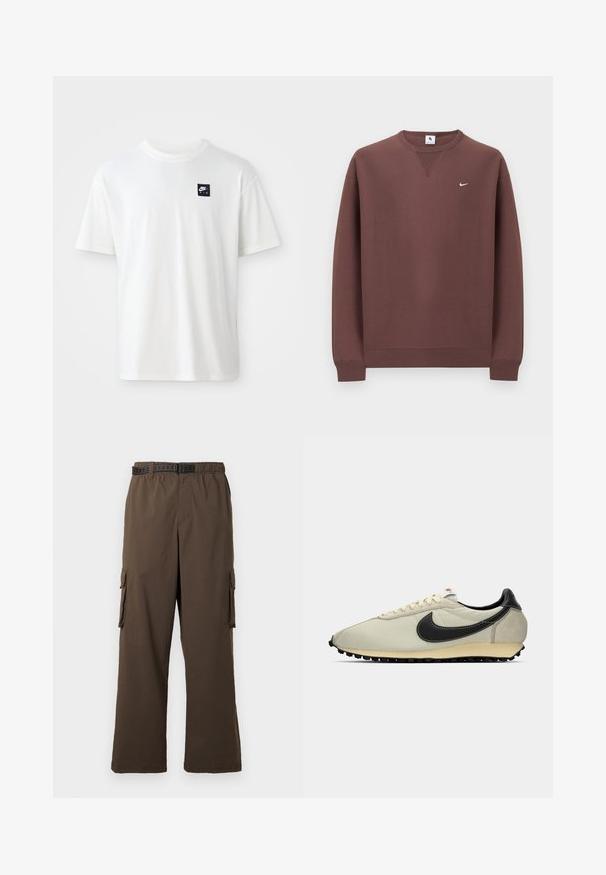 Bruine sweatshirt van katoen, met een ronde hals, geribbelde manchetten en een klein wit logo op de linkerborst.; Witte katoenen t-shirt met korte mouwen en een ronde hals; heeft een klein zwart rechthoekig Nike Air logo op de linkerkant van de borst.; Bruine cargobroek met een losse pasvorm, elastische tailleband en twee zijzakken. Voorzien van een zwarte riem met patroon, gladde textuur.; Beige canvas sneaker met zwarte leren accenten, ronde teen, platte zwarte buitenzool en witte veters. Beschikt over een opvallend zwart logo.