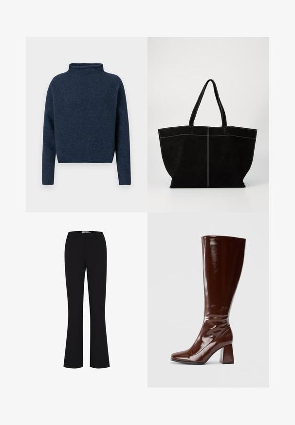Mørkeblå langærmet strikket sweater med høj krave og en let cropped, lige kant.; Sorte flared bukser lavet af et glat stof, med en tætsiddende talje og et enkelt frontdesign uden lommer.; Knæhøje brune patentlæderstøvler med firkantet tå, glansfuld finish og en kraftig hæl for stabilitet. Sømløs design uden synligt hardware.; Sort ruskinds tote taske med en bred, struktureret form, der har lange, solide håndtag og kontrastsyninger langs kanterne.