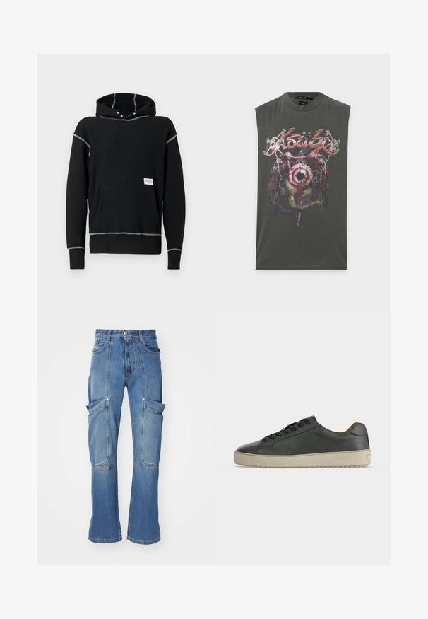 Zwarte capuchontrui gemaakt van katoen. Heeft contrasterende grijze stiksels, een voorzak en metalen drukknopen bij de halslijn.; Donkergrijs mouwloos shirt met een afbeelding van een groot oog, vleugels, een slang en de tekst "Ksubi" in rood gestileerd lettertype over de borst.; Lichte blauwe denim cargobroek met een hoge taille, meerdere zijzakken en wijde pijpen, met contrasterende stiksels en een ritssluiting.; Zwarte lage leren sneaker met zwarte veters en off-white rubberen zool, gezien vanaf de buitenkant op een witte achtergrond.
