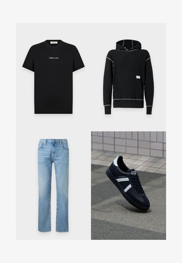 Sweat à capuche noir en coton. Présente des coutures grises contrastantes, une poche avant et des boutons-pression en métal au niveau du col.; T-shirt en coton noir à manches courtes et col rond, arborant un logo blanc "REPLAY" centré sur la poitrine.; Jean en denim bleu clair à jambes droites, cinq poches et fermeture par bouton à la taille.; Sneaker en cuir noir avec des rayures blanches, semelle en caoutchouc texturée et devant à lacets. Présente une étiquette de marque sur la languette.