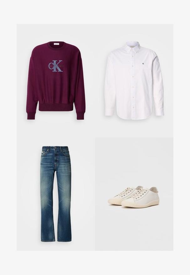 Bordeauxfarbener Sweatshirt mit langen Ärmeln, gerippten Bündchen und Saum. Mit einem blauen, gestickten Calvin Klein-Logo auf der Brust. Weicher Stoff.; Weißes Baumwollhemd mit klassischem Kragen, langen Ärmeln und kleinem CK-Logo auf der linken Brust. Glatte Textur.; Blaue Jeans aus Denim mit geradem Schnitt, mittlerer Waschung, ausgewaschenen Details, fünf Taschen und einem Knopfverschluss. Auffällige Nähte entlang der Nähte.; Weiße Sneaker aus glattem Leder mit tonalem Nähten, Schnürverschluss, runder Zehenpartie und einer strukturierten Gummisohle.
