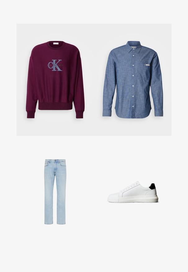 Bordeaux sweatshirt met lange mouwen, geribbelde manchetten en zoom. Heeft een blauw geborduurd Calvin Klein logo op de borst. Zachte stofstructuur.; Blauw overhemd met lange mouwen, gemaakt van een lichtgewicht, gestructureerde stof. Heeft een borstzak aan de linkerkant en een klein logolabel. De knopen zijn licht van kleur.; Lichtblauwe rechttoe-rechtaan denim jeans met voorste knoop, ritssluiting en ontwerp met vijf zakken, getoond op een witte achtergrond.; Witte leren sneakers met een zwarte hielaccent, voorzien van platte veters, een afgeronde neus en een geribbelde rubberen zool voor grip.