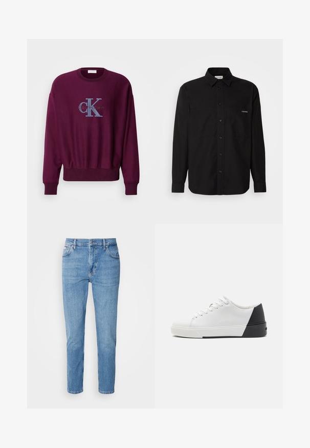 Sudadera burdeos de manga larga, con puños y dobladillo acanalados. Presenta un logo de Calvin Klein bordado en azul en el pecho. Textura de tela suave.; Camisa negra de manga larga fabricada en algodón, con cierre de botones en el frente, dos bolsillos en el pecho y un pequeño logo en el bolsillo izquierdo.; Vaqueros de mezclilla azul claro con corte recto, diseño de cinco bolsillos y un sutil desgastado. Presentan un cierre de botón y pasadores para cinturón.; Calvin Klein LACE UP MONO - Zapatillas - white/black