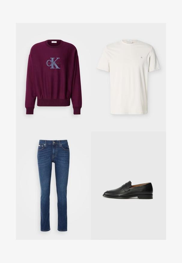 Burgundin värinen pitkähihaisella neuleella, jossa on ribbineulokset hihansuissa ja helmassa. Rinnassa on sininen brodeerattu Calvin Klein -logo. Pehmeä kangas.; Yksinkertainen valkoinen lyhythihainen T-paita pyöreällä kaula-aukolla, jossa pieni CK-logo vasemmalla rinnassa.; Tummansinisiä farkkuja, joissa on suora lahjetyyli, etutaskut, nappisuljenta ja huomaamattomat ompeluyksityiskohdat.; Musta nahkainen loafer, jossa on pyöreä kärki, hienovarainen ommelkoristelu ja matala korko, joka on varustettu sileällä pinnalla ja minimalistisella designilla.
