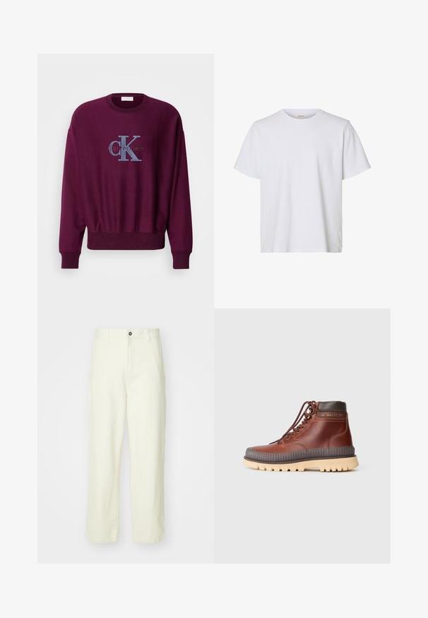 Bordeauxfarbener Sweatshirt mit langen Ärmeln, gerippten Bündchen und Saum. Mit einem blauen, gestickten Calvin Klein-Logo auf der Brust. Weicher Stoff.; Schlichtes weißes T-Shirt mit kurzen Ärmeln, Rundhalsausschnitt, regulärer Passform und glatter Stoffstruktur, auf weißem Hintergrund dargestellt.; Helle gelbe Baumwollhose mit geradem Bein, Frontknopfverschluss, Gürtelschlaufen und einem schlichten, minimalistischen Design.; Braune Leder-Halbstiefel mit metallischen Ösen, braunen Akzenten, einer stabilen Gummisohle und einer gerillten Zwischensohle für besseren Halt.