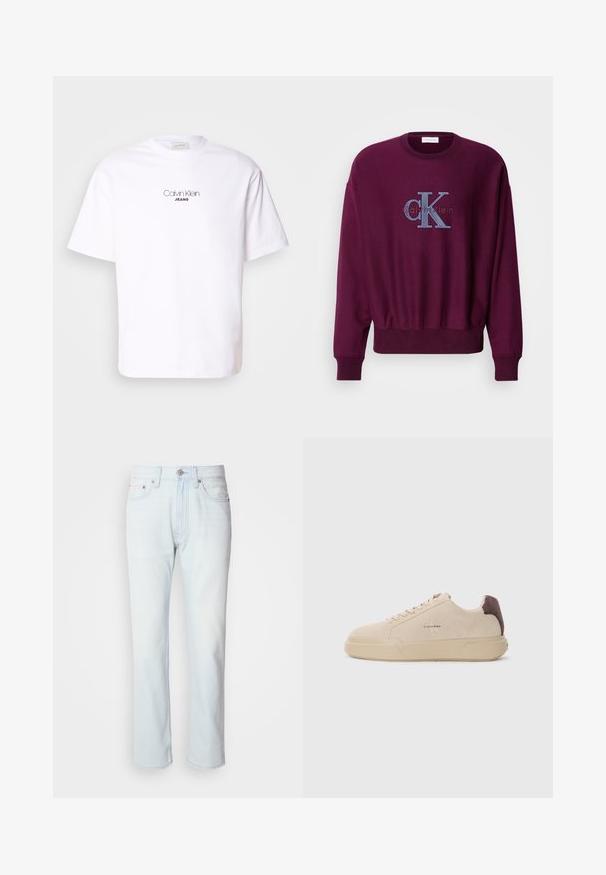 Bordeauxfarbener Sweatshirt mit langen Ärmeln, gerippten Bündchen und Saum. Mit einem blauen, gestickten Calvin Klein-Logo auf der Brust. Weicher Stoff.; Weißes Baumwoll-T-Shirt mit Rundhalsausschnitt und kurzen Ärmeln. Auf der Vorderseite ist "Calvin Klein" in einer minimalistischen Schrift über "JEANS" abgebildet.; Hellblaue Jeans mit geradem Bein. Verfügt über einen Knopfverschluss und Gürtelschlaufen, präsentiert eine ausgebleichte Textur und minimale Nähte.; Beige Wildleder-Sneaker mit runder Spitze, Schnürung vorne und einem braunen Wildlederakzent an der Ferse. Verfügt über eine strukturierte Gummisohle.
