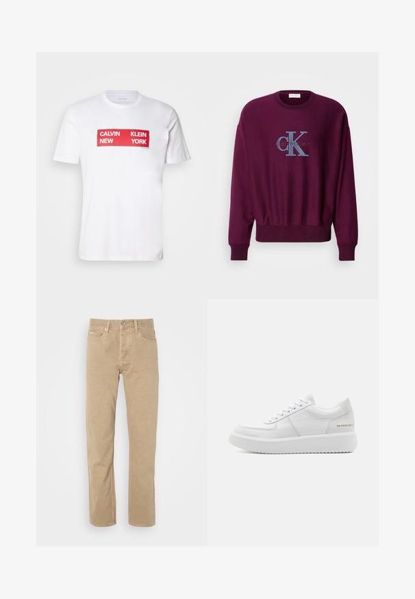 Sudadera burdeos de manga larga, con puños y dobladillo acanalados. Presenta un logo de Calvin Klein bordado en azul en el pecho. Textura de tela suave.; Camiseta de algodón blanca con un audaz texto gráfico rectangular rojo: "CALVIN NEW KLEIN YORK." Con mangas cortas y un diseño de cuello redondo.; Pantalones de algodón beige con un diseño de pierna recta, que cuentan con bolsillos frontales, cierre de botón y detalles de costura sutiles a lo largo de las costuras.; Zapatillas de plataforma blancas hechas de cuero texturizado con un acabado suave, con cordones, una suela elevada y un logo dorado en el talón.