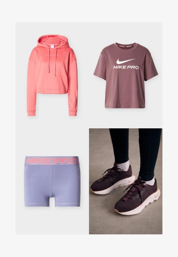 Roze Nike Pro cropped hoodie met een capuchon met trekkoord, voorzien van een logo aan de voorkant, geribbelde manchetten en een gladde, rekbare stof.; Korte mouwen, cropped lavendelkleurig sportshirt met een ronde hals en het witte "NIKE PRO"-logo aan de voorkant. Gladde stoftextuur.; Paarse sportshorts met een brede, roze Nike Pro elastische tailleband. Gladde, lichte stof met een nauwsluitend ontwerp en zonder duidelijke structuren.; Bordeauxrode sportschoenen met een gewoven bovenwerk, witte zool en zwart Nike-logo. Voorzien van ronde veters en patroonvormige veterlussen.