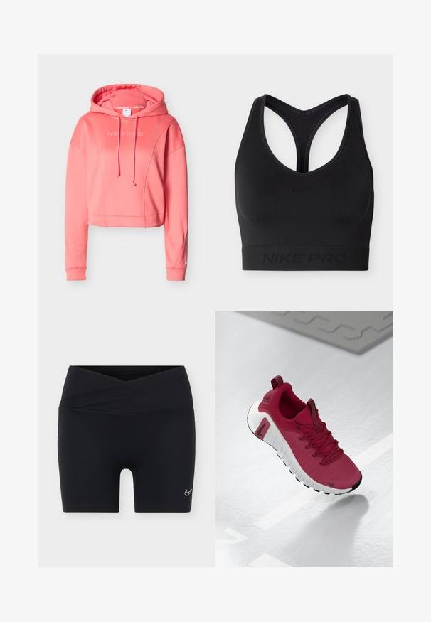 Ružová Nike Pro krátka mikina s kapucňou na šnúrku, s logom vpredu, rebrovanými manžetami a hladkým, elastickým materiálom.; Čierna športová podprsenka Nike Pro s dizajnom racerback a elastickou páskou na spodnej strane so subtílnym logom a značkou Nike.; Čierne športové šortky s prekríženým pásom a malým bielym logom Nike swoosh na ľavej nohe na jednoliatom pozadí.; Červená atletická obuv s textúrovaným zvrškom, šnúrkami a hrubou bielou podrážkou. Má kontrastný čierny špic a logo na boku.