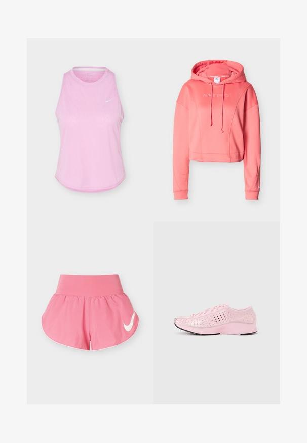 Sweat à capuche court Nike Pro rose avec capuche à cordon, logo à l'avant, poignets côtelés et tissu lisse et extensible.; Débardeur de sport rose clair sans manches avec encolure ronde et petit logo blanc Nike Swoosh sur la poitrine.; Short de sport rose avec une large ceinture et un logo Nike blanc sur le côté gauche, sur un fond blanc uni.; Chaussure de sport rose clair avec perforations, fermeture à lacets, semelle surélevée et discret logo Nike sur le côté, vue de profil sur fond blanc.