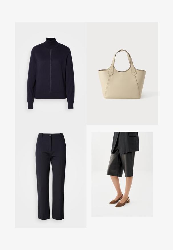 Navy turtleneck-neule pehmeästä neuleesta, jossa on puolivetoketju edessä, pitkät hihat ja istuva helma. Minimalistinen muotoilu ilman kuvioita.; Sotilasnavy siniset housut suoran lahkeen muotoilulla, valmistettu sileästä kankaasta. Ominaisuuksina etutaskut ja nappikiinnitys vyötäröllä.; Nainen, joka pukeutunut mustiin, polvenmittaisiin nahkahousuihin, mustaan bleiseriin ja ruskeisiin mokkaisiin matalaankorkoisiin slingback-kenkiin.; Beige nahkainen olkalaukku tukevilla kahvoilla ja pienellä kultaisella "BOSS"-logolla, joka on sijoitettu etupaneelin keskelle yksinkertaisen taustan edessä.