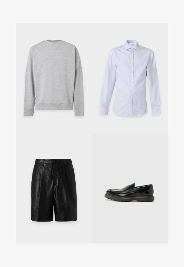 Sweat-shirt gris clair à manches longues avec poignets et ourlet côtelés, avec logo J. LINDEBERG embossé centré sur la poitrine.; Chemise à manches longues rayée verticalement bleu clair et blanc avec col pointu et boutons blancs sur le devant.; Shorts en cuir noir à la coupe ajustée, dotés de deux poches avant, d'une fermeture à boutons et d'une texture lisse et brillante.; Mocassin en cuir noir avec une finition brillante, bout arrondi, détails de couture subtils et semelle en caoutchouc épaisse pour la durabilité.