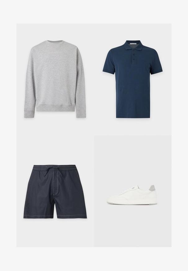 Sweat-shirt gris clair à manches longues avec poignets et ourlet côtelés, avec logo J. LINDEBERG embossé centré sur la poitrine.; Polo bleu marine à manches courtes avec trois boutons et un col, présenté sur un fond uni gris clair.; Short de bain bleu marine avec coutures blanches, taille élastique, poches latérales et fermeture à nouer sur le devant.; Baskets basses blanches avec un onglet de talon gris, des lacets blancs et une semelle texturée, présentées sur un fond uni clair.