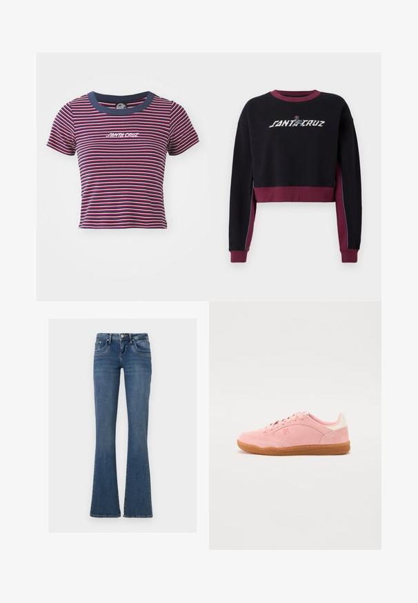 Musthave musta, mustaste ja marooni aktsentiga must cropped sviiter, mille põhjas on broderi "SANTA CRUZ" logo ja kontrastsed külgpaneelid.; Ribade särk lühikeste varrukatega tumesinises, punases ja roosas. Omab ühtlast tumesinist kaelust ja broderi "SANTA CRUZ" logo esiküljel.; Sinised teksapüksid keskmise vöökoha kõrgusega, viie taskuga, nööp- ja luku sulgumisega ning lõdvalt lehvivate sääreosadega, valgel taustal.; Roosad nahast tosised, millel on kummine tald, ümar nina, paeltega disain ja kontrastne valge aktsent kanna juures.