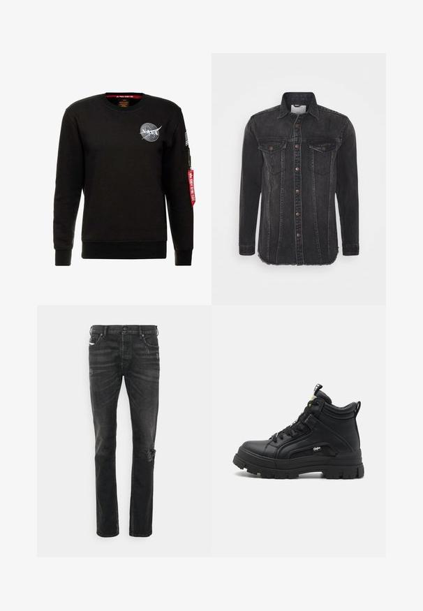 Alpha Industries NASA - Sweatshirt - schwarz; Schwarze Jeansjacke mit langen Ärmeln, Knopfverschluss, zwei Brusttaschen und Fransen am Saum. Verfügt über dezente Verwaschungen und gestickte Details.; Schwarze Denim-Jeans mit geradem Schnitt, versehen mit Abnutzungsspuren am Knie, Fünf-Taschen-Design und subtiler Ausbleichung der Stoffstruktur.; Schwarze hoch geschnittene Schuhe aus strukturiertem Leder, mit einer dicken Gummisohle, Schnürung vorne und einem kleinen Logodetail an der Seite.