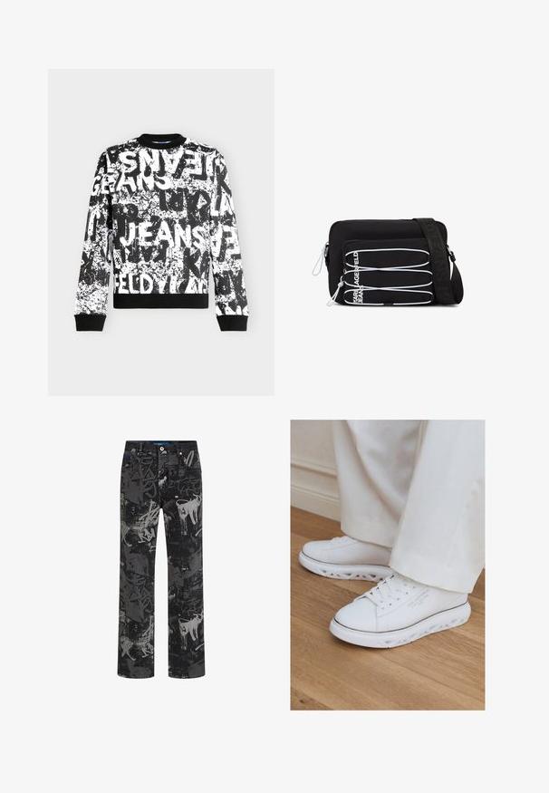 Sudadera de manga larga en blanco y negro con salpicaduras de pintura abstractas y texto audaz y superpuesto que dice "JEANS" en el delantero y las mangas.; Pantalones de mezclilla negros con un patrón de estilo graffiti en tonos de gris. Diseño de pierna recta con una estructura clásica de cinco bolsillos y herrajes metálicos.; Zapatillas blancas bajas con suelas recortadas únicas, usadas con pantalones de color claro sobre un suelo de madera.; Bolso bandolera negro con cuerdas elásticas blancas en el bolsillo frontal y correa ajustable con el texto "JEANS" en relieve.