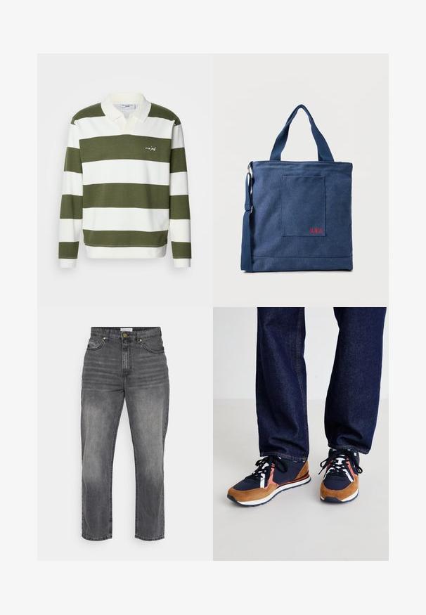 Grün-weiß gestreiftes Poloshirt mit Kragen, mit einem Logo auf der linken Seite, aus weichem Baumwollmaterial. Lange Ärmel.; Graue Denim-Jeans mit gerader Passform, ausgestattet mit einem ausgewaschenen Finish, Fronttaschen und einem Knopfverschluss. Einfache Nähte und Saumdetails.; Marineblau und braune Sneakers aus Wildleder und Mesh-Materialien, mit pinken und weißen Akzenten, schwarzen Schnürsenkeln und einer weißen Gummisohle.; Blauer Canvas-Einkaufstasche mit Vordertasche und roter "O.N.S" Stickerei, ausgestattet mit zwei Griffen und einem verstellbaren Schulterriemen.