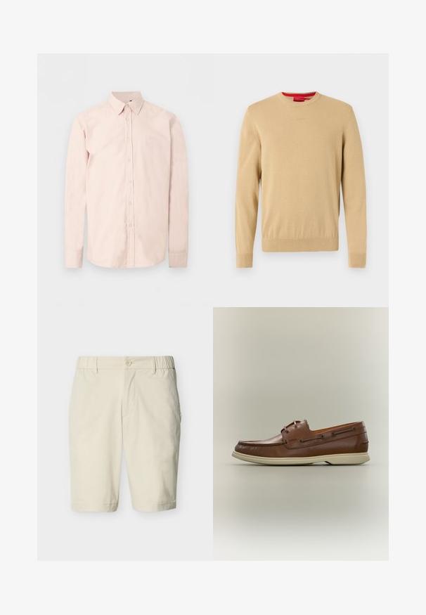 Pull beige pour homme à col rond, manches longues, bords-côtes aux poignets et à l'ourlet, avec un logo discret brodé sur la poitrine.; Chemise rose clair à manches longues avec boutons, col pointu, logo discret sur la poitrine et poignets boutonnés sur un fond blanc uni.; Shorts beige mi-longueur avec fermeture à bouton, bandes élastiques latérales à la taille, passants pour ceinture et poches latérales sur fond uni.; Chaussure bateau en cuir marron avec semelle en caoutchouc beige et détail lacé, vue latérale sur fond neutre.
